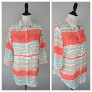 New CHICOS Tribal Tie Dye Turquoise Coral Striped Button Blouse Top Sz 1 Small